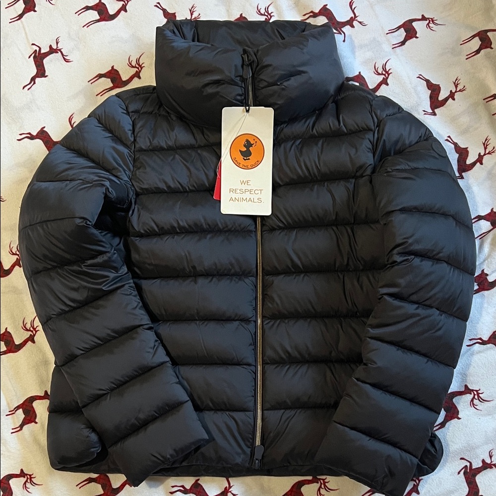 SAVE THE DUCK Women's Black Puffer Jacket with collar damage.